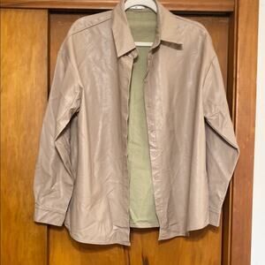 Pink and Tan Faux Leather Jacket with Classic Collar and Relaxed Fit
